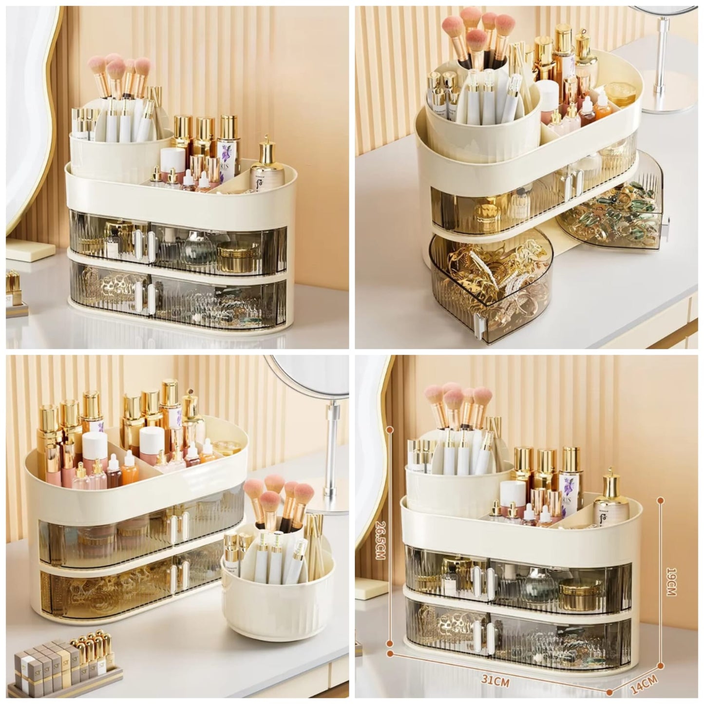 Multi-Functional Rotating Makeup Organizer with Compartments & Drawers